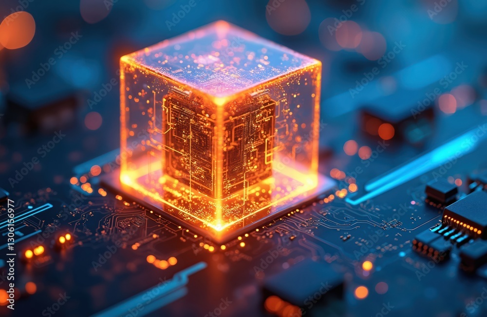 Aufkleber Illustration of glowing orange cube in digital cyberspace. Computer architecture artificial intelligence abstract concept. Futuristic design with circuit board patterns, electronic components.