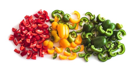 Green, yellow, red chopped sweet bell pepper isolated on white background