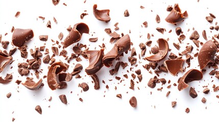 Obraz premium Scattered chocolate pieces and curls on a bright white background