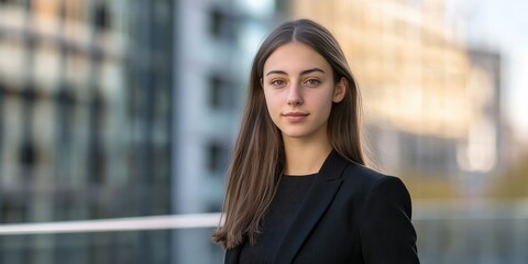 Fototapeta premium Confident Young Businesswoman in Professional Attire Against Urban Background