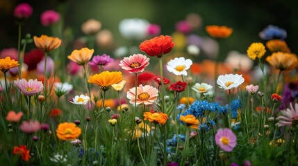 A field of flowers with many different colors and species growing together Symbolizing harmony in diversity.