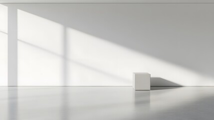 Fototapeta premium Minimalist White Room with Cube Display Stand and Sunlight Shadows
