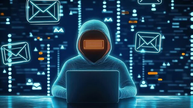 Anonymous hacker launching a phishing email attack, cybercrime concept, neon futuristic hacking, digital fraud and online security breach.