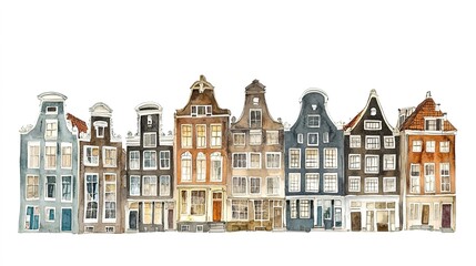 Fototapeta premium Houses in Amsterdam, watercolor on white
