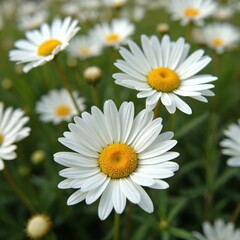 Fototapeta premium Closeup of field with blooming white daisies and scattered green leaves. Springtime nature, vibrant flora with white petals and yellow centers in the meadow, daisy blooms in spring.