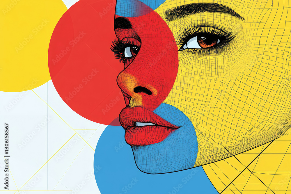 Poster a stylized female face, depicted in vibrant primary colors with geometric patterns, creating a bold 