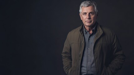 Fototapeta premium Confident Mature Man in Casual Attire Against Dark Background