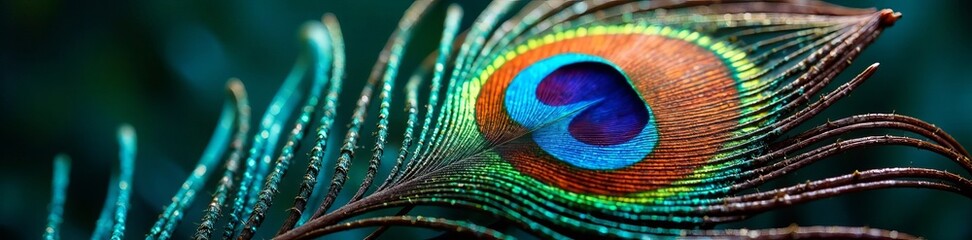 Fototapeta premium Close-up of iridescent peacock feather with intricate texture, vibrant, feather, colorful