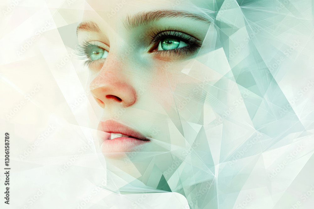 Aufkleber A woman's face is partially obscured by a translucent, geometric pattern, creating an ethereal and mysterious effect.
