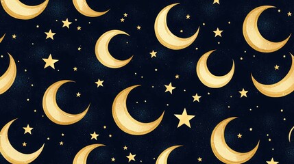 Seamless golden celestial crescent moons and stars on deep midnight blue, high-end mystical luxury pattern, refined cosmic aristocratic elegance