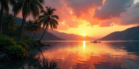 Serene Sunset over Calm Water with Palm Trees and a Distant Boat