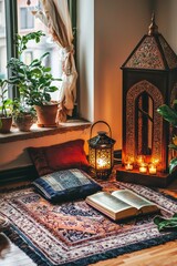 A family places a beautifully decorated prayer corner in their home. A small rug, Quran stand, and lanterns create a peaceful space. 