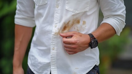 Man with stain on shirt in garden