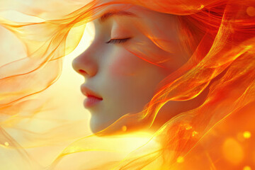 Serene woman's face gently enveloped by flowing, fiery orange fabric, eyes closed.