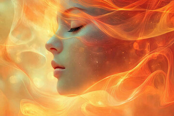 A serene woman's face merges with fiery, ethereal strands, creating a mystical, dreamy portrait.