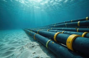 Underwater fiber optic cables transmit data, ensure oceanic high-speed internet. Submarine cables with yellow rings transfer datum globally. Secure offshore system for worldwide exchange of optical