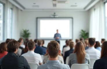 People attend conference presentation in modern bright room. Focus on audience backs, seated, listening speaker on stage with screen. Business seminar, corporate meeting, lecture, training, education.