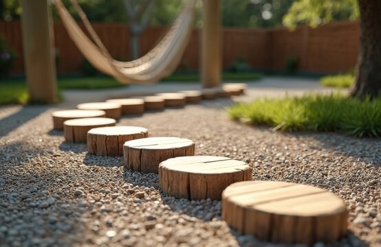 Tranquil garden with wooden step stones path, gravel surface. Hammock made of hemp ropes hangs between columns. Backyard playground border made of wood, for games, relax in vacation.