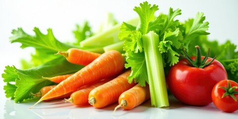 A vibrant arrangement of fresh carrots, celery, and tomatoes, showcasing the beauty of wholesome produce