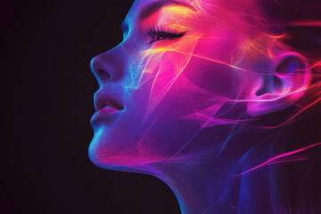 Obraz premium Abstract portrait of a woman's face, glowing with vibrant pink and blue neon light.