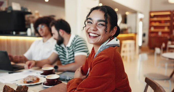 Business face, laughing and woman with meeting in cafe for remote work, lunch break and project collaboration. Entrepreneur team, startup management and food in bistro for creative ideas and strategy