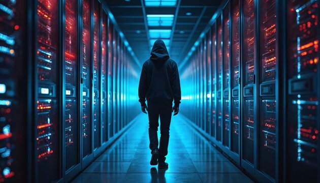 Back view of hacker in hoodie in illuminated server room. Data thief man stands among racked hardware, modern computer equipment. IT specialist inside data center for cyber security. - Powered by Adobe