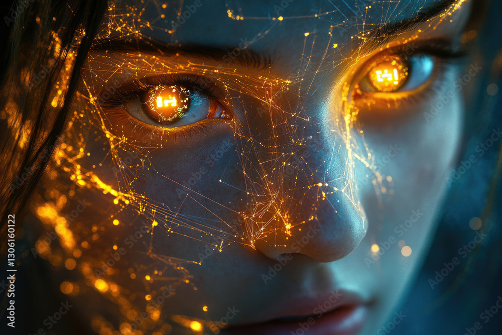 Poster close-up of a woman's face, illuminated with glowing orange neural network patterns across her skin 