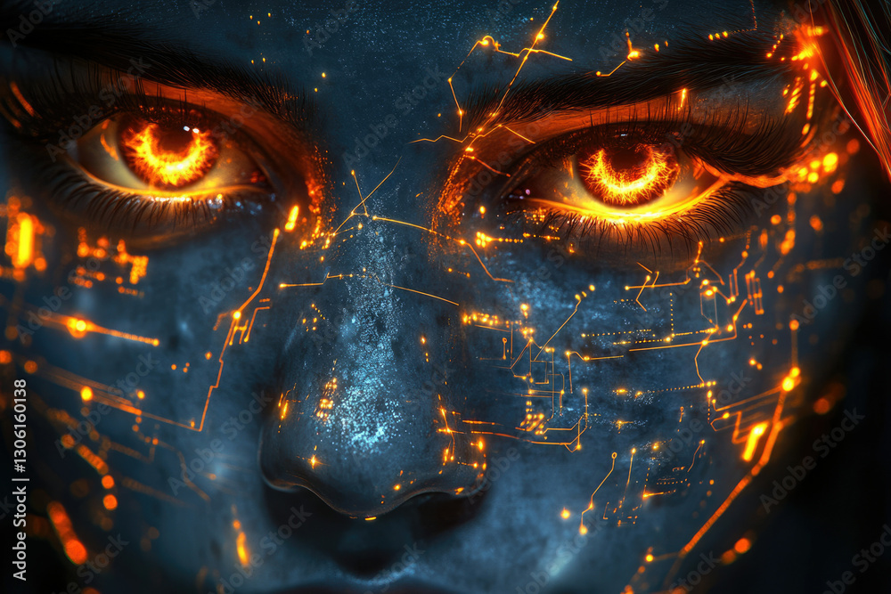 Poster a futuristic face with fiery eyes, glowing circuitry embedded within the skin.
