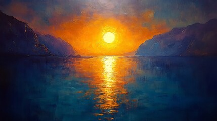 Naklejka premium Serene Sunset Landscape Painting Warm Hues Vibrant Colors. AI Generated