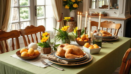Traditional Easter feast with decorated table