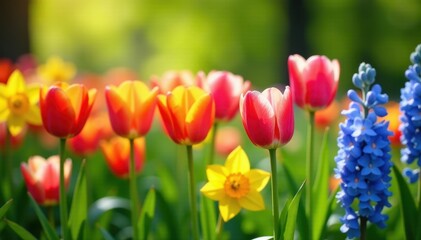Fototapeta premium Vibrant tulips, daffodils, hyacinths in lush green meadow, botanical, flowers