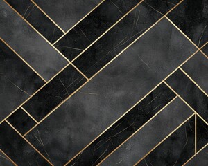 Seamless thin golden veins forming an elegant geometric Deco pattern over a black marble background