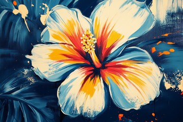 A painting of a flower with a yellow center and white petals