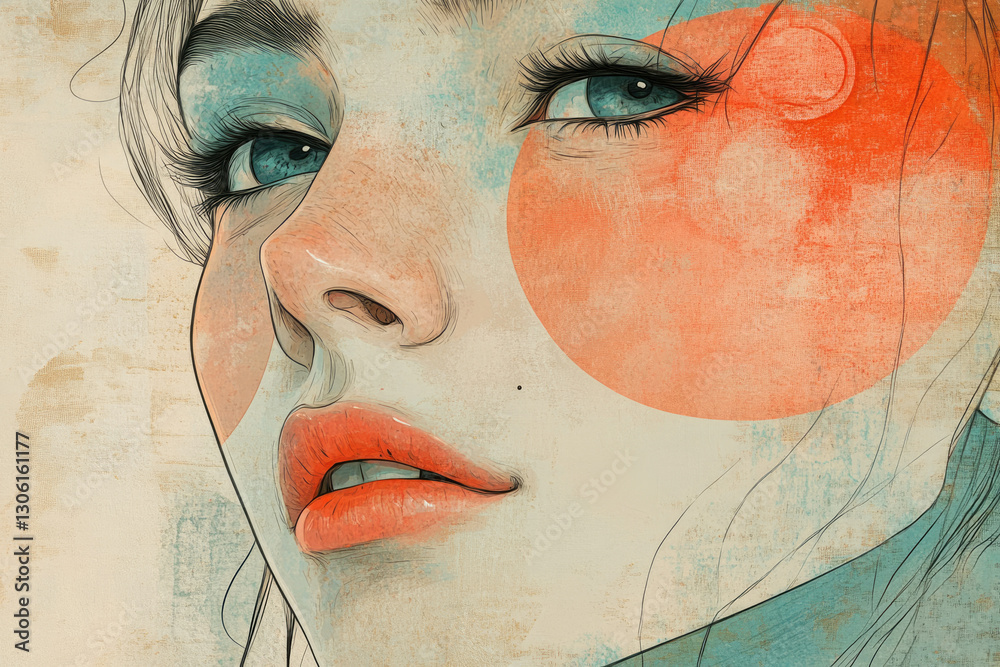 Poster close-up portrait of a woman's face, stylized with soft color and linework.