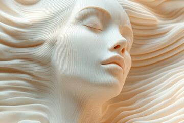 Serene, sculpted female face resting on flowing, layered fabric; a study in texture and form.