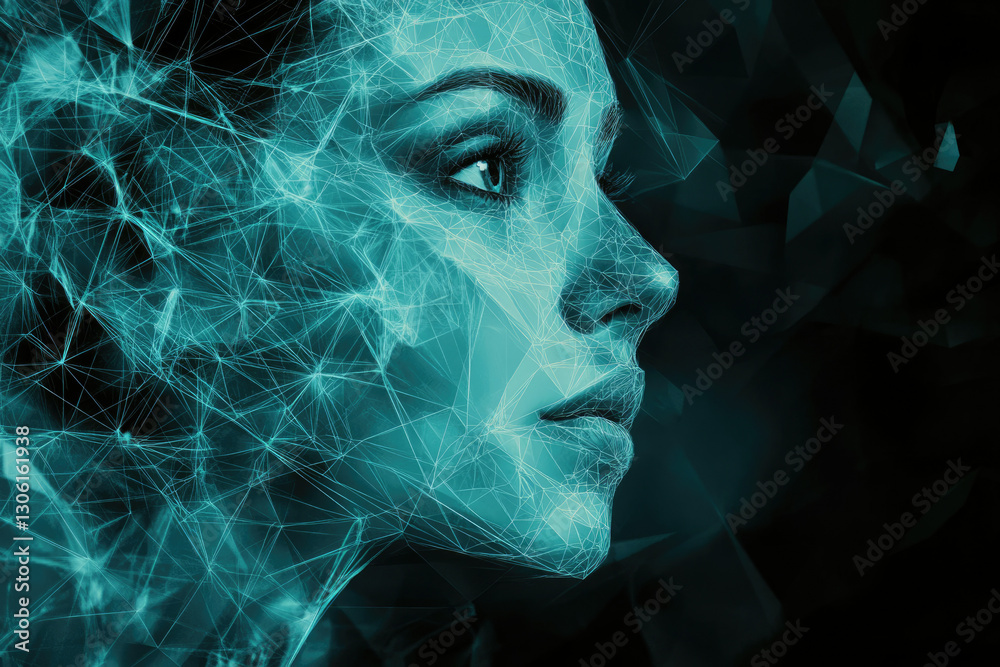 Poster abstract teal female face rendered in a network of interconnected lines and nodes.