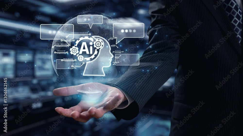 Poster human interact with ai artificial intelligence brain processor in concept of ai artificial intellige