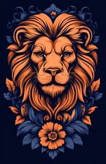 Obraz premium A lion adorned with a crown of leaves, surrounded by an abundance of leaves and flowers, creating a highly artistic and whimsical look