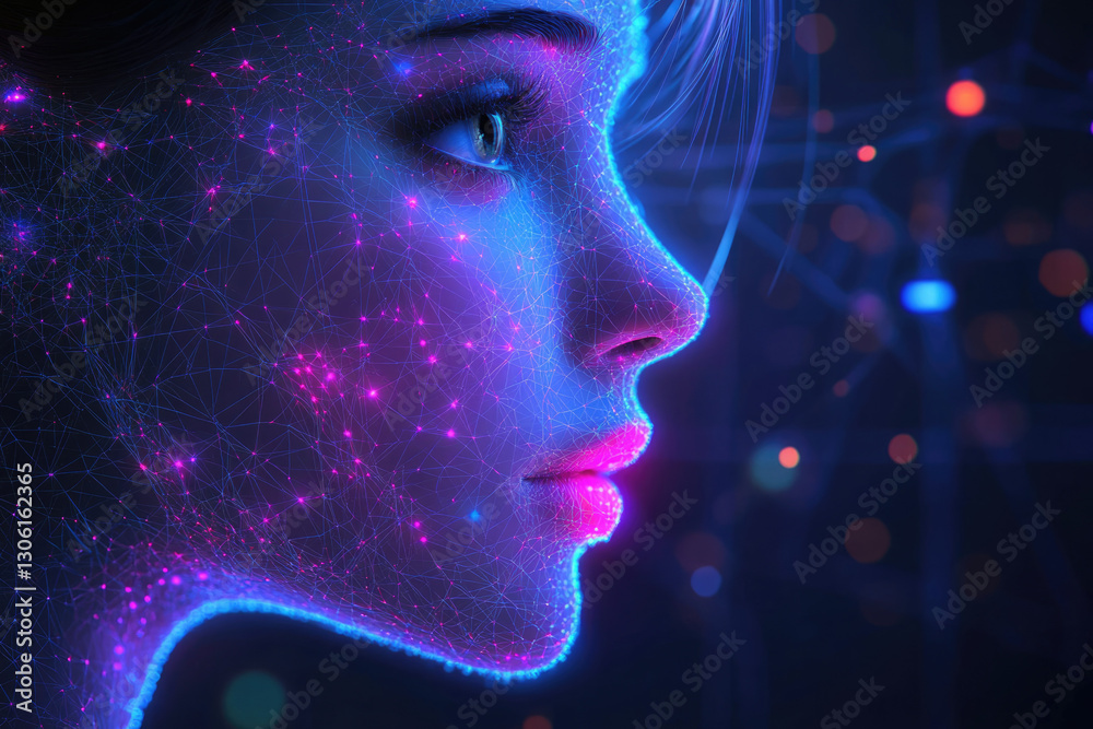 Poster a digital portrait of a woman's face, rendered in glowing lines and nodes, evokes themes of technolo