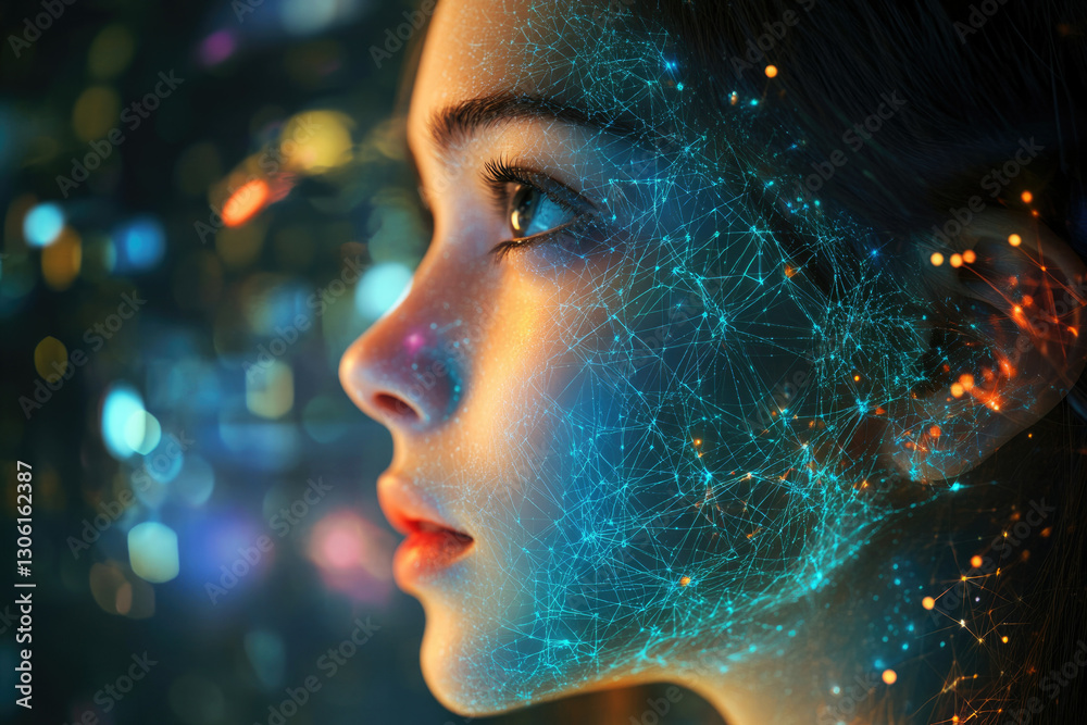 Poster a woman's face is overlaid with a network of glowing lines, symbolizing technology's interconnectedn