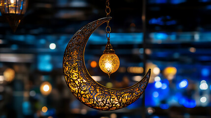 Ornate Crescent Moon Lantern with Warm Glowing Lights Against a Blurred Festive Background
