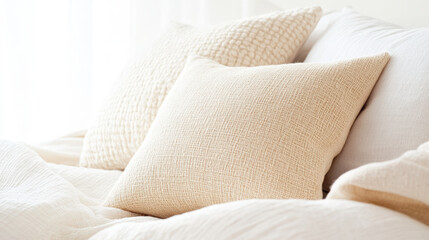 Cozy cream throw pillows resting on soft textured bedding in serene light filled bedroom interior