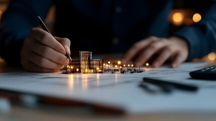 Fototapeta premium A person standing in an architectural workspace surrounded by sketches blueprints and design concepts discussing business strategies and new ideas with colleagues under a soft