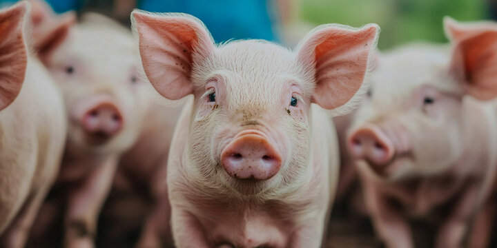 A group of adorable pigs with soft, pink skin, showcasing their curious expressions in a farm setting.