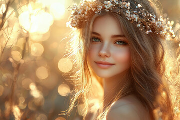 Fototapeta premium A young woman with a flower crown smiles gently in the golden sunlight, creating a serene and ethereal image.