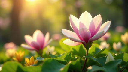 Fototapeta premium Golden hour illumination enhances the delicate beauty of blooming magnolia flowers in a lush garden setting