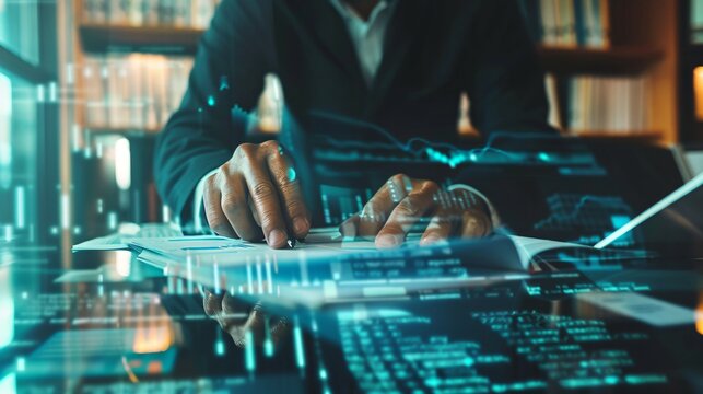 Banker in close-up reviewing financial documents, serious expression, legal books and digital screen in background, emphasizing compliance and financial regulation.