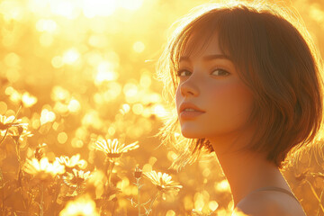 Fototapeta premium A young woman with short brown hair basks in the golden sunlight of a field of daisies.