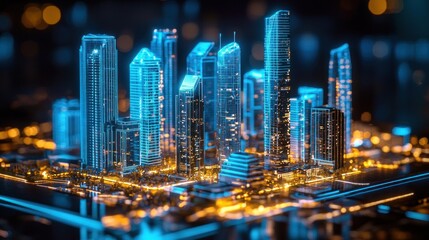 Obraz premium Illuminated blue and yellow futuristic city buildings and architecture