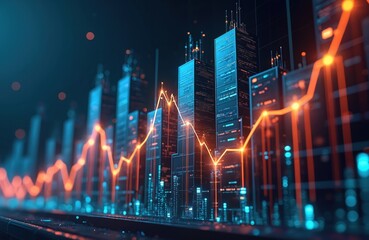 Business graph chart with glowing line on stock trade market. Growth investment with buildings in background. Generative AI financial datum analysis, exchange currency information with modern